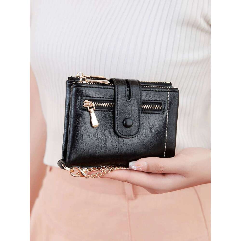 New Women's High Quality PU Leather Short Card Seat with Chain Large Capacity Three Layer Zero Wallet Retro Women'sWallet C260304