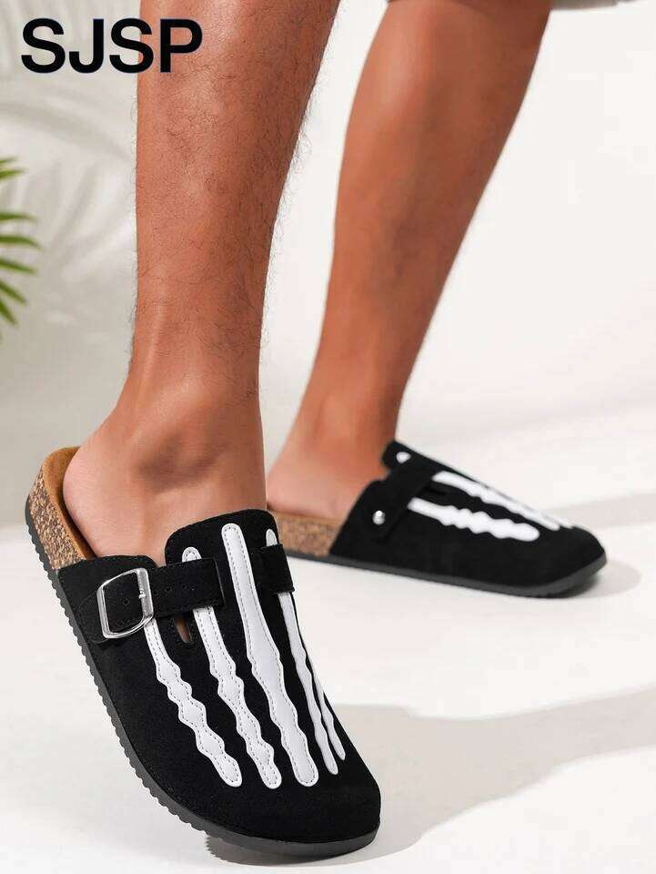 Men's New Half-Slip Halloween Trendy Skeleton Print Slip-On Closed-Toe Low-Top Buckle Strap Casual Slippers, Indoor Outdoor Wear, Spring, Summer,