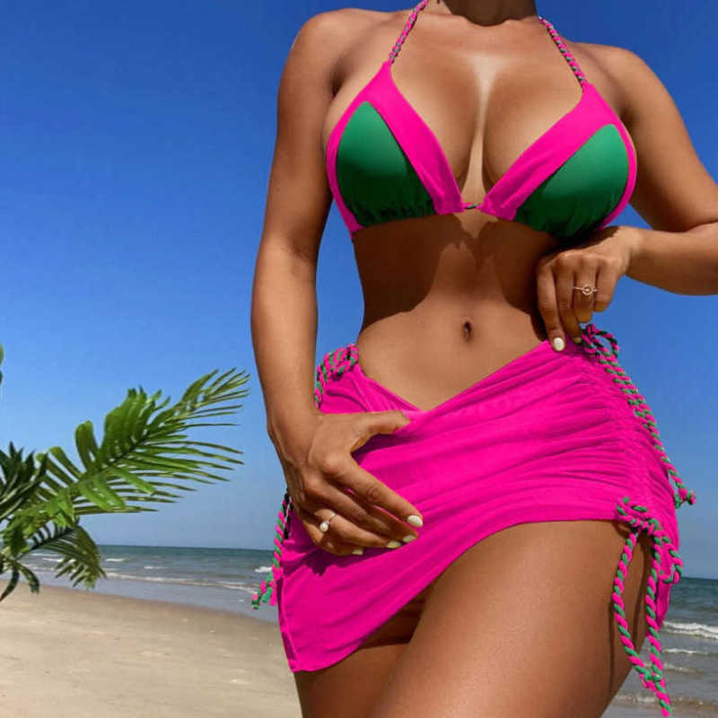 Women's Swimwear 2025 new sexy swimsuit three piece set spliced contrasting bikini women's swimsuit