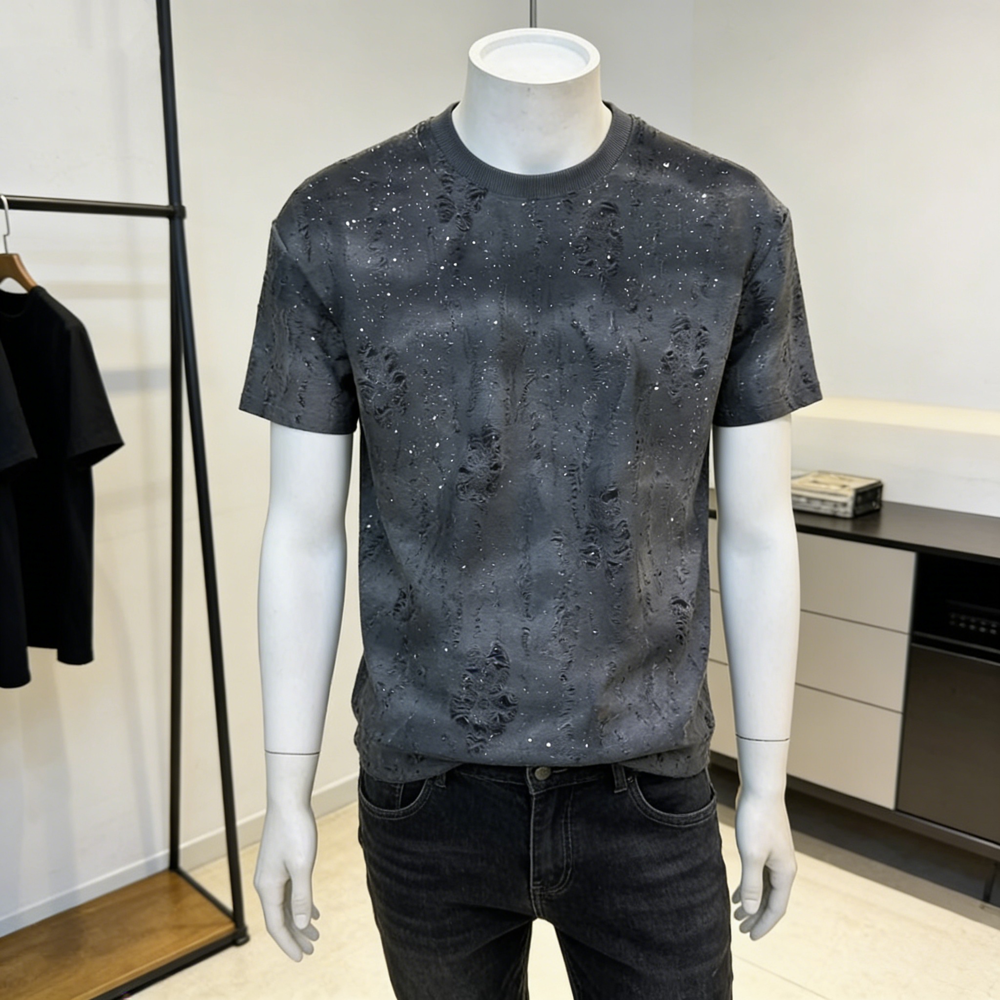 Men's design T-shirt Y2K new style of perforated design rhinestone design starry sky loose pullover short-sleeved street wear daily wear