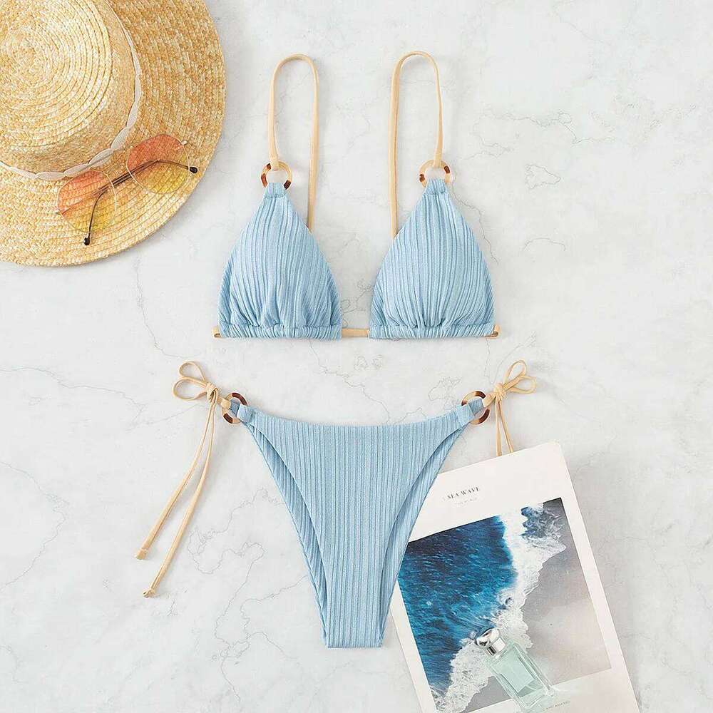 sexy rib texture triangle string bikini set women push up padded thong swimsuit female cut out bathing suit swimwear biquini Y260303