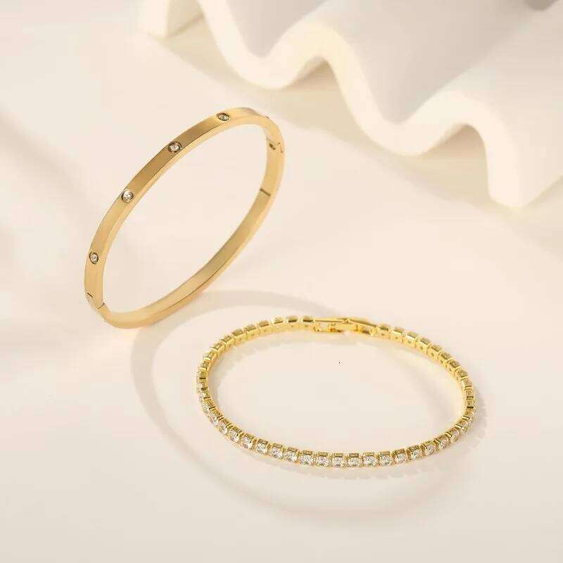 2Pcs/Set 18K Gold Plated Dainty Love Bangle Bracelets 4/6mm Cubic Zirconia Classic Tennis Bracele for Women XJ260303
