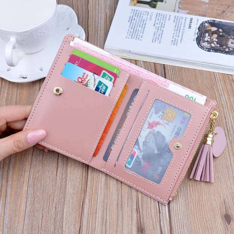 Women Wallet Patchwork Design Small Zipper Coin Purse Tassel Decoration Money Bag Simple Card Holder Contrast Color PU Leather C260304