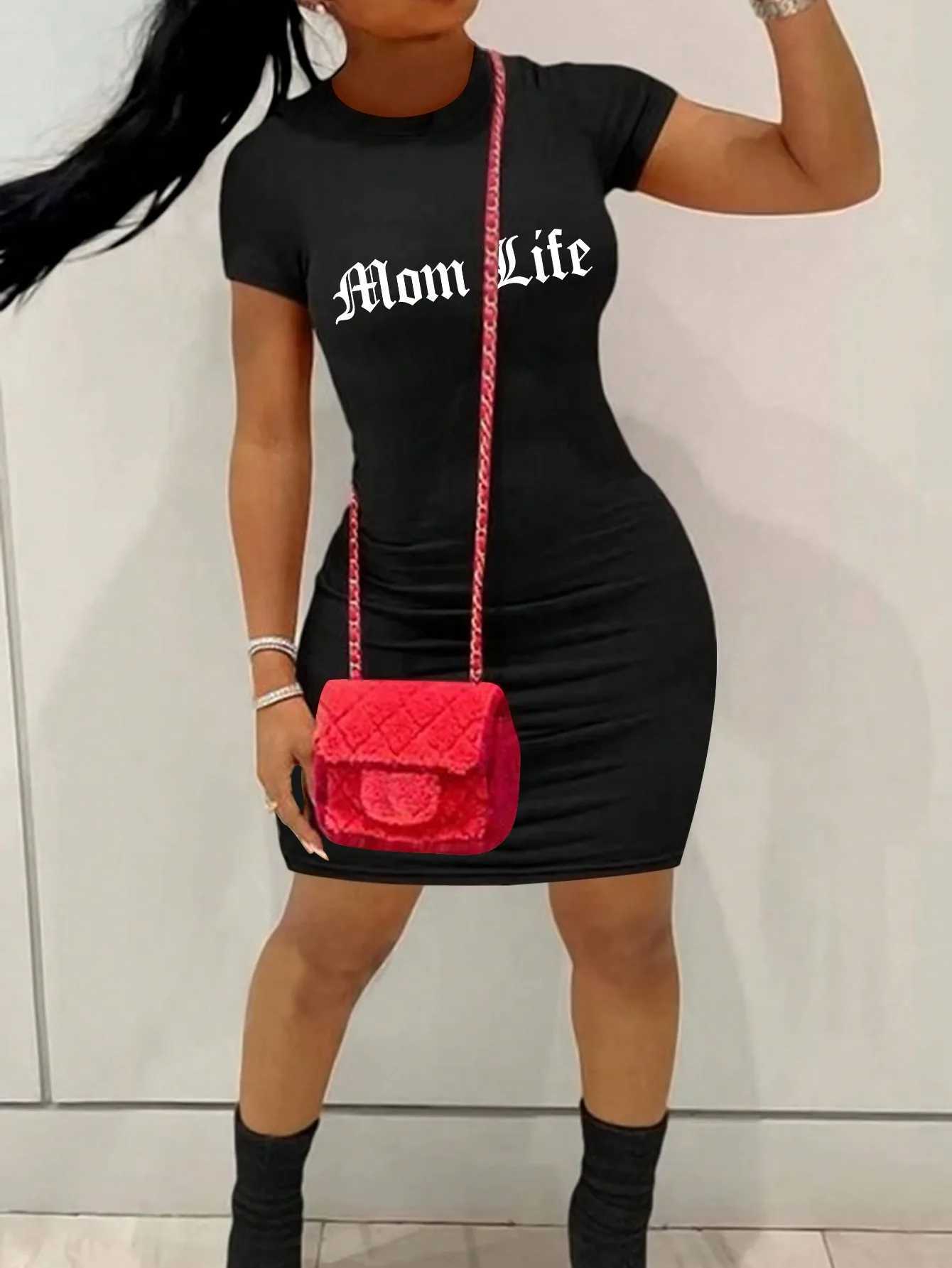 Womens Summer Bodycon Elegant Sexy Round Neck Short Sleeve Fashionable Versatile Slim Dress Lettering Print A-line hip-hugging M260304