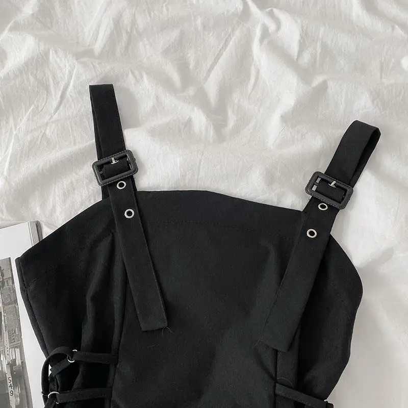 Streetwear Women Dress Fashion Summer Asymmetrical Sleeveless Sundress Lace-up Vintage Black Solid College Harajuku Chic Girls M260304