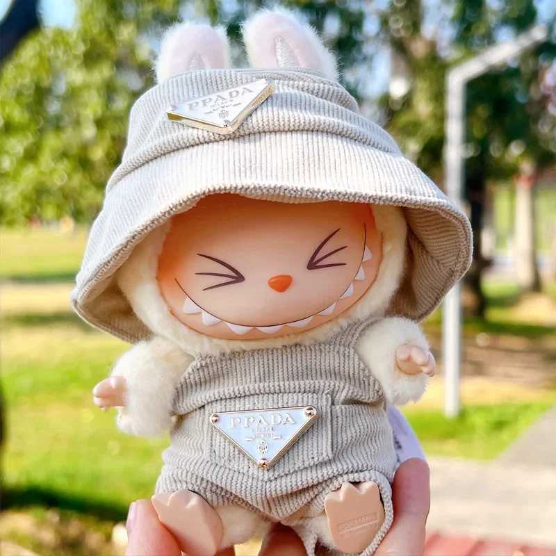 17cm Labubu Beige Corduroy Overalls & Hat Set, Luxury Doll Outfit with Triangle Logo for DIY Accessories & GiftsT260304