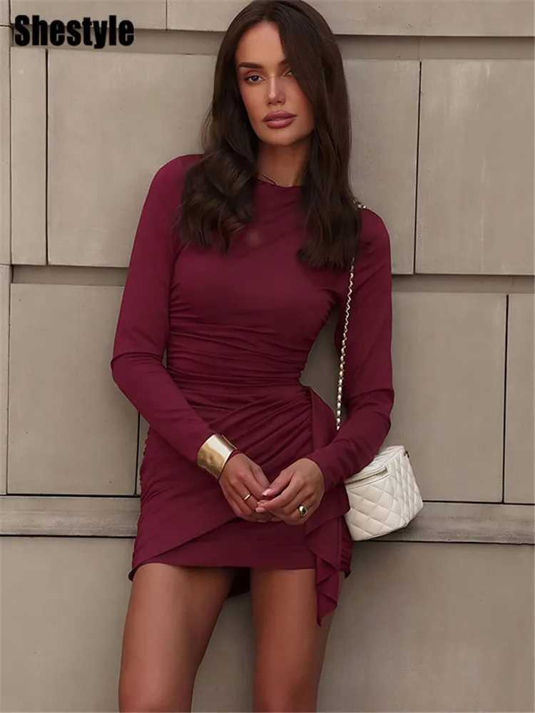 Shestyle Crew Neck Solid Slim Sheath Dress Women Long Sleeve Overlap Burgundy Elegant Casual Bodycon Outfits Office Lady 2026 M260304
