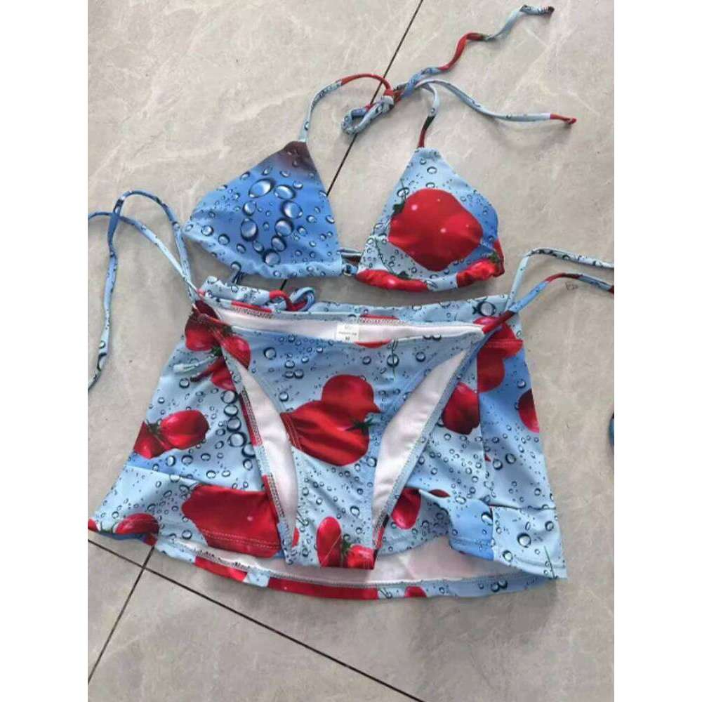Korean women's cute tomato pattern three piece party bikini neck tie set fashionable and versatile daily Y260303