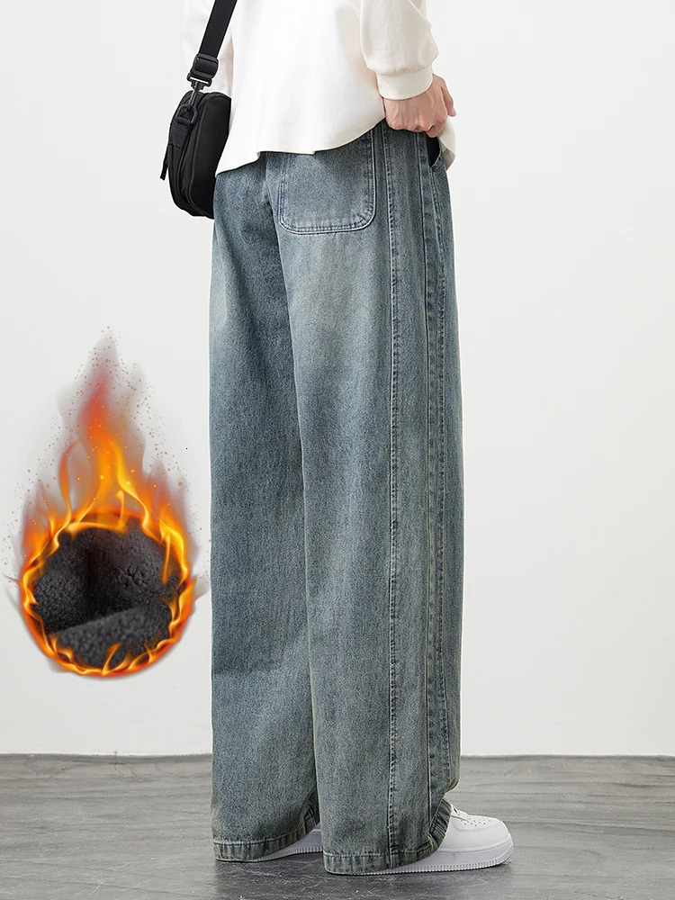 Mens Winter Warm Jeans FleeceLined Thick Insulated Denim Pants WideLeg Straight Thermal Baggy Asian Size L5XL 260228