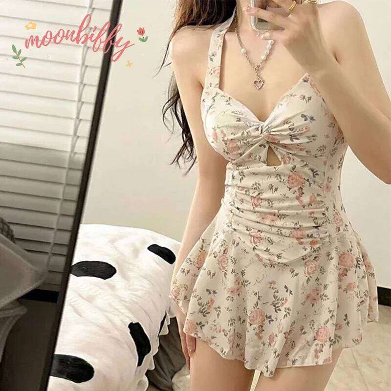 Women Hanging Neck Sweet Cute Swimwear Sexy One-piec Wear Swim Beach Dress Swimsuit High Waist Bathing Suit For Girls Y260303