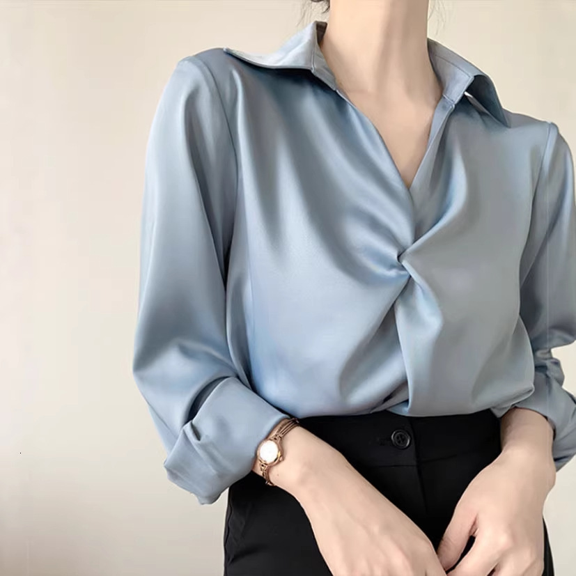 Love At First Sight Polo Shirt Blue Satin Shirt For Women Professional Commuting Designer Hoodie Shirt With Design Designer Shirt Sense Autumn Wear