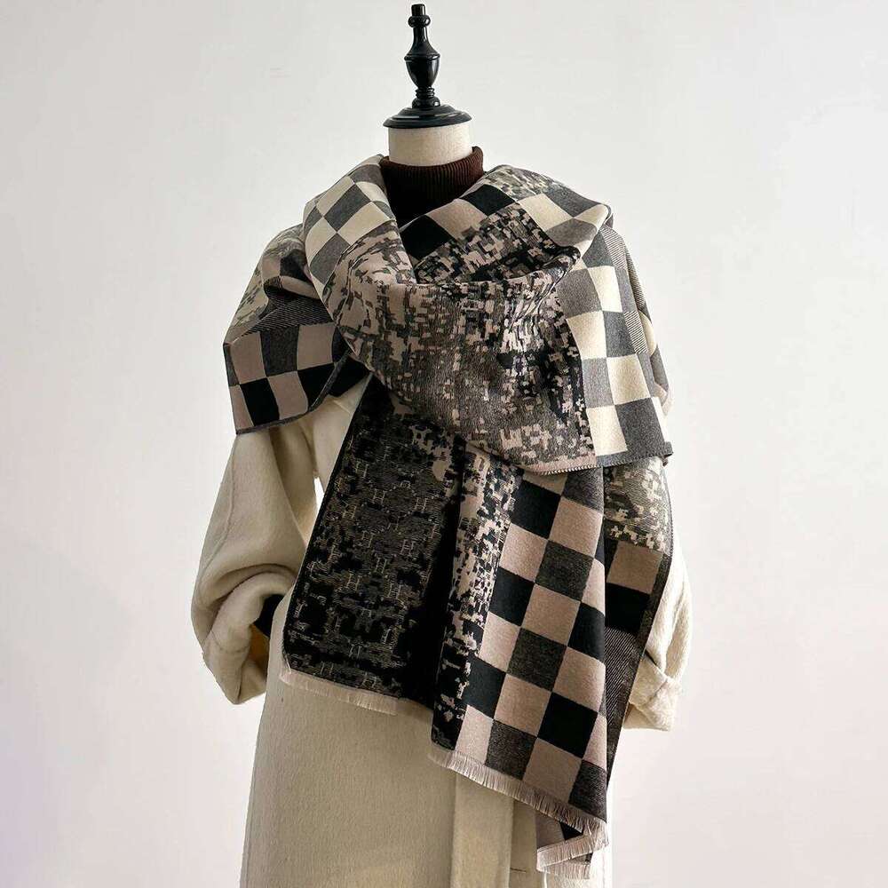 Luxury Winter Scarf Women Faux Cashmere Warm Checkerboard Pattern Pashmina Brand Foulard Female Shawls Wraps Thick Soft Bufanda XJ260304