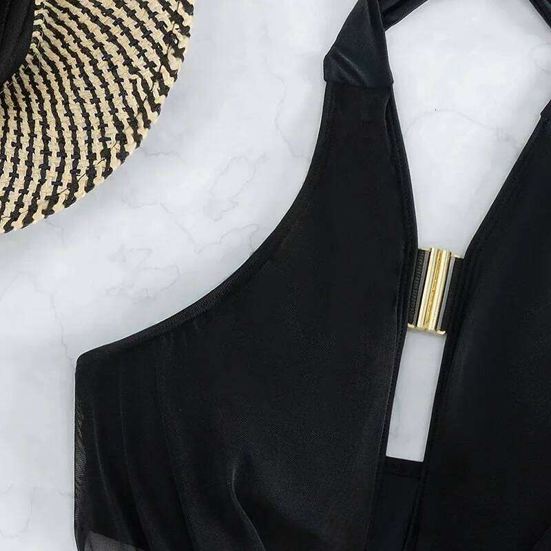 3 Piece Solid Halter Bikini 2025 Women Sexy Swimsuit & Beach Skirt Black Swimwear Bathers Bathing Swimming Suit Female Beachwear Y260303