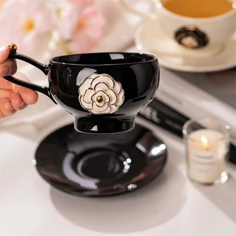 High-Grade Exquisite Cup 2025 New Three-Dimensional Camellia Coffee Cup Saucer Ceramic Cup Red White Black Suit 280MLT260304