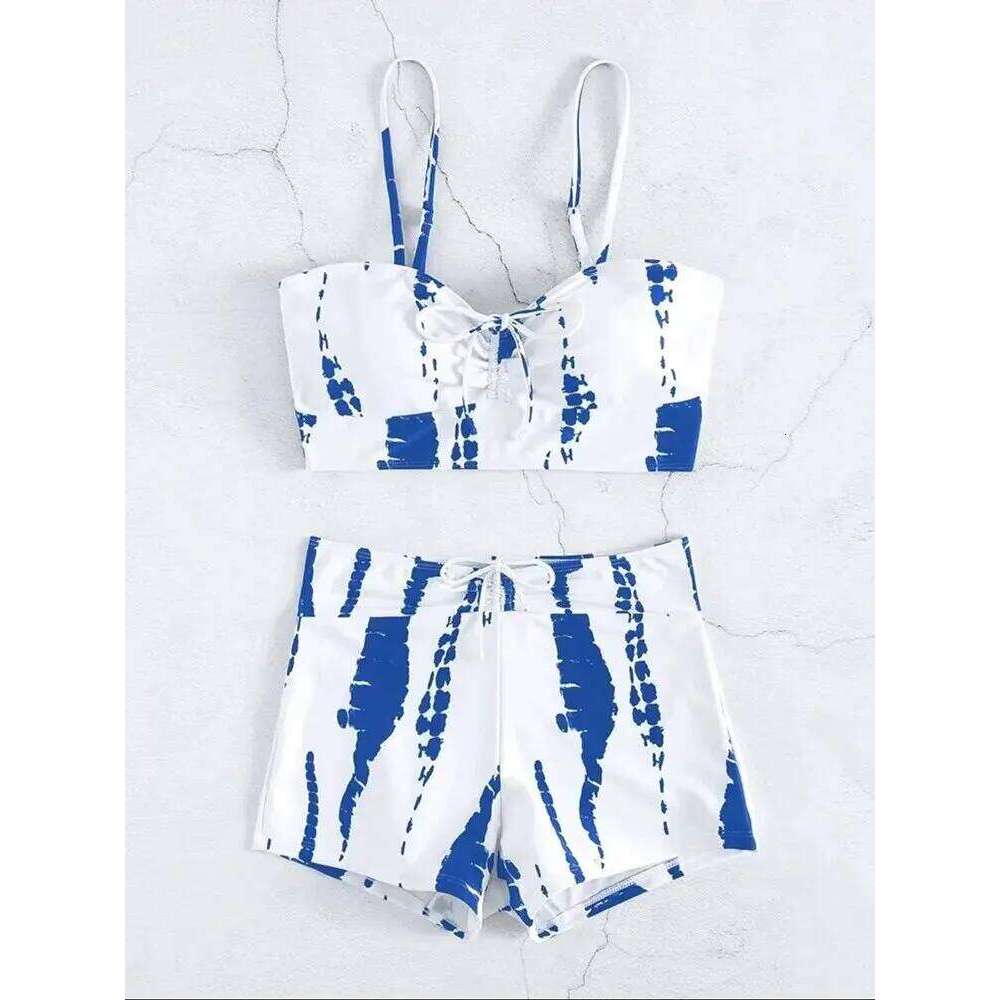 Black and White Tie-dye Split Women's High-waist Boxer Net Red Sexy Figure Hawaiian Beach Swimsuit Y260303