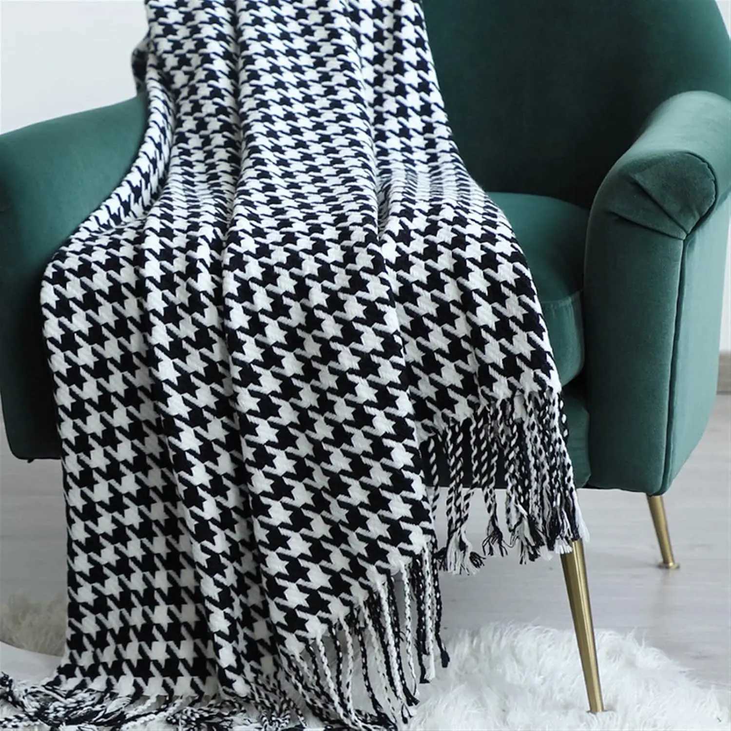 Houndstooth Chunky Blanket Black White Boho Tassel ThrowT260304