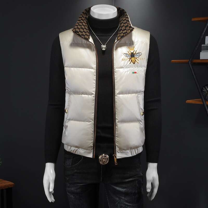 American European Style Winter New Men's High-Quality 90% White Duck Down Vest Large Size Embroidered Stand-Up Collar Jacket Luanyun