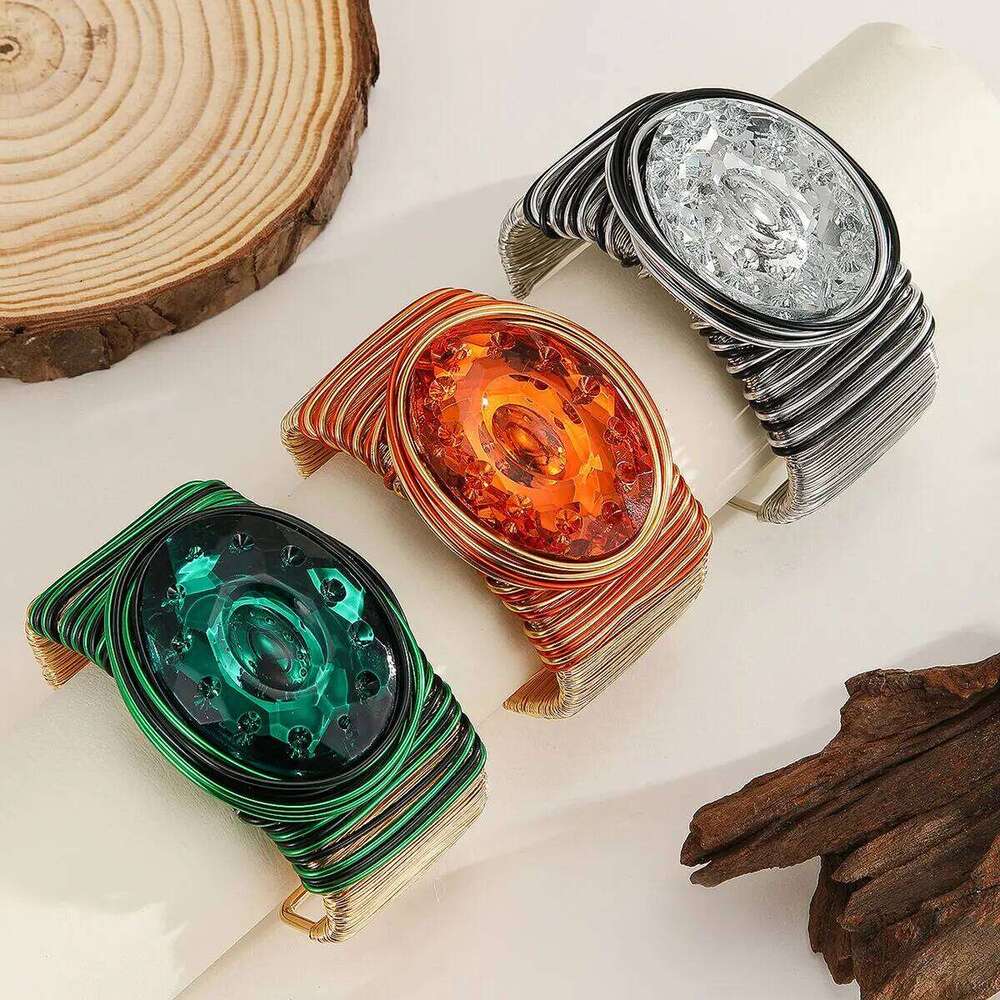New Trendy Fashion Handmade Crystal Large Gems Aluminum Wire Wrapped Open Wide Bracelet Bangle For Women Party Accessories XJ260303
