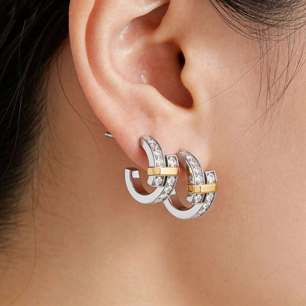 Stylish Sterling Silver Two Tone Interlaced Women S Style Zircon Set Stud Earrings Luxury Party Jewelry