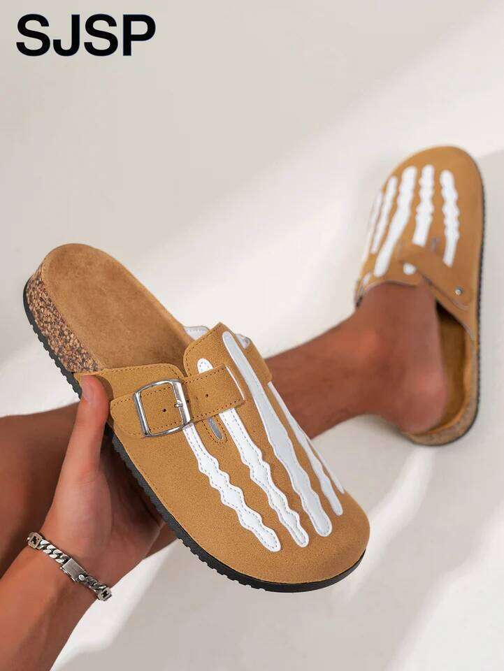 Men's New Half-Slip Halloween Trendy Skeleton Print Slip-On Closed-Toe Low-Top Buckle Strap Casual Slippers, Indoor Outdoor Wear, Spring, Summer,