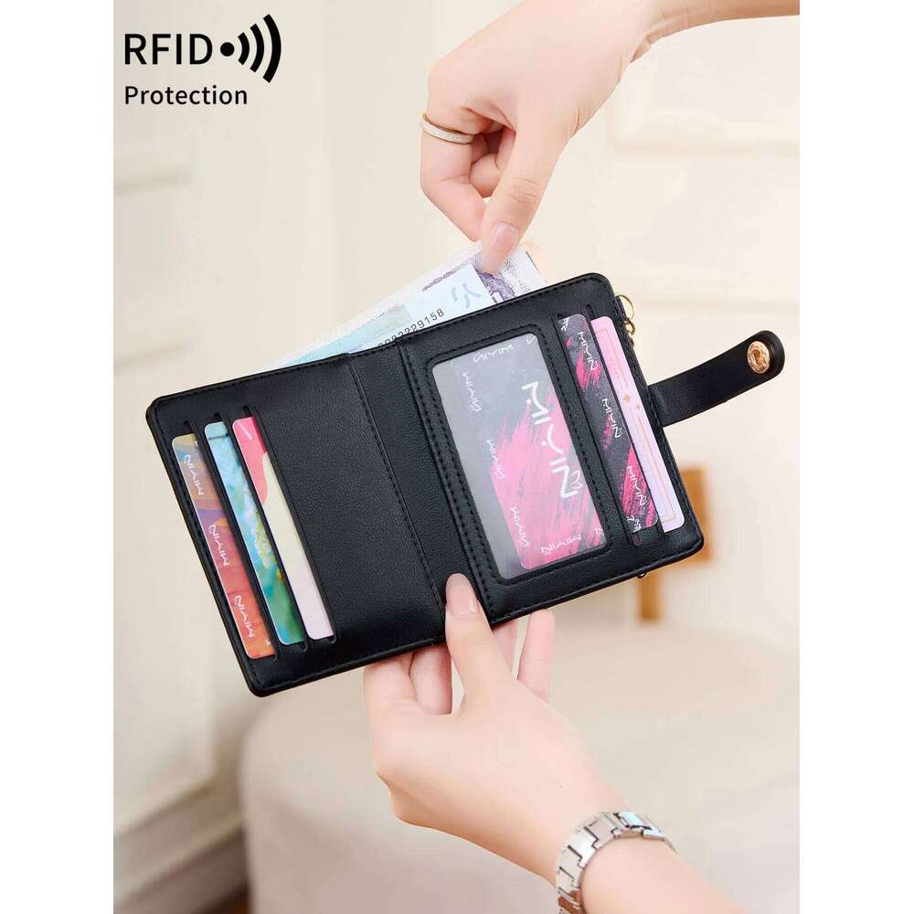 MIYIN Ultra-thin women's wallet RFIDshielded bi-fold credit card/ID card holder minimalist short zipper coin purse with keychain C260304