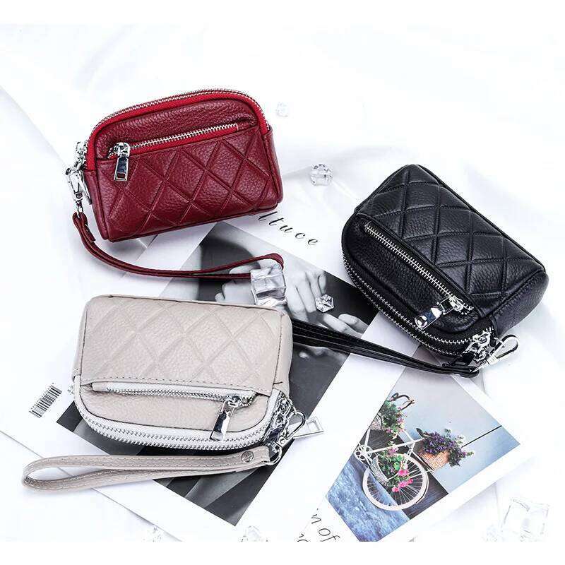 Women Purse Cowhide Large Capacity Three Zipper Multifunction Money Lipstick Pocket Clutch Coin Bag Removable Wrist Strap C260304