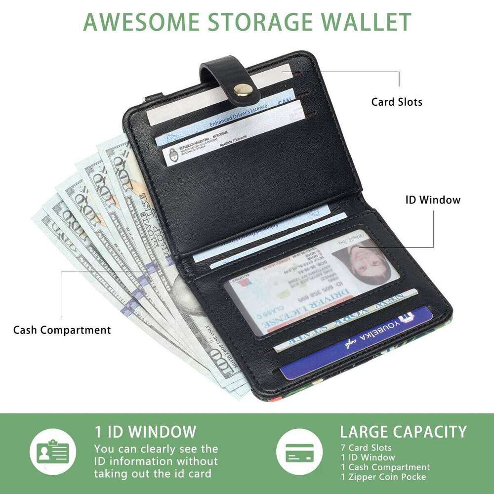 Black Cat Flower Pattern Rfid Women's Wallet, Ultra-Thin Compact Credit Wallet with Key Chain, Pu Leather Folded Zipper Coin Bag Id Card Transpar