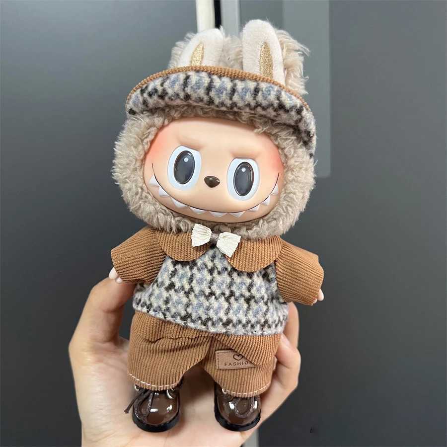 Cute Denim Workwear Set with Bucket Hat & Smiley Badge for 17cm V1/V2 Labubu Dolls DIY Kids GiftT260304