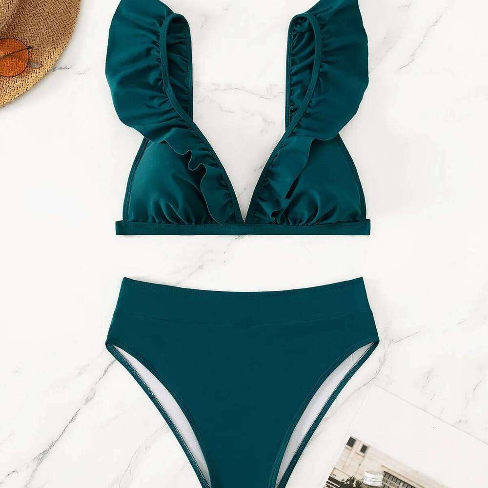 New split solid color bikini for women's pleated multi-color swimsuit Y260303