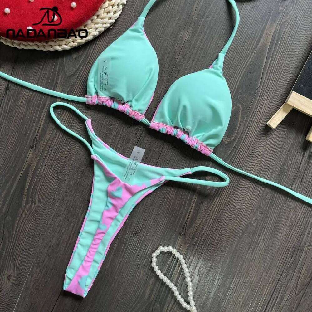 Nadanbao Sexy Heart Print Bikini Sets Women Fashion Backless Beach Party Swimwear Female Halter Plicated Two-Piece Swimsuit Y260303
