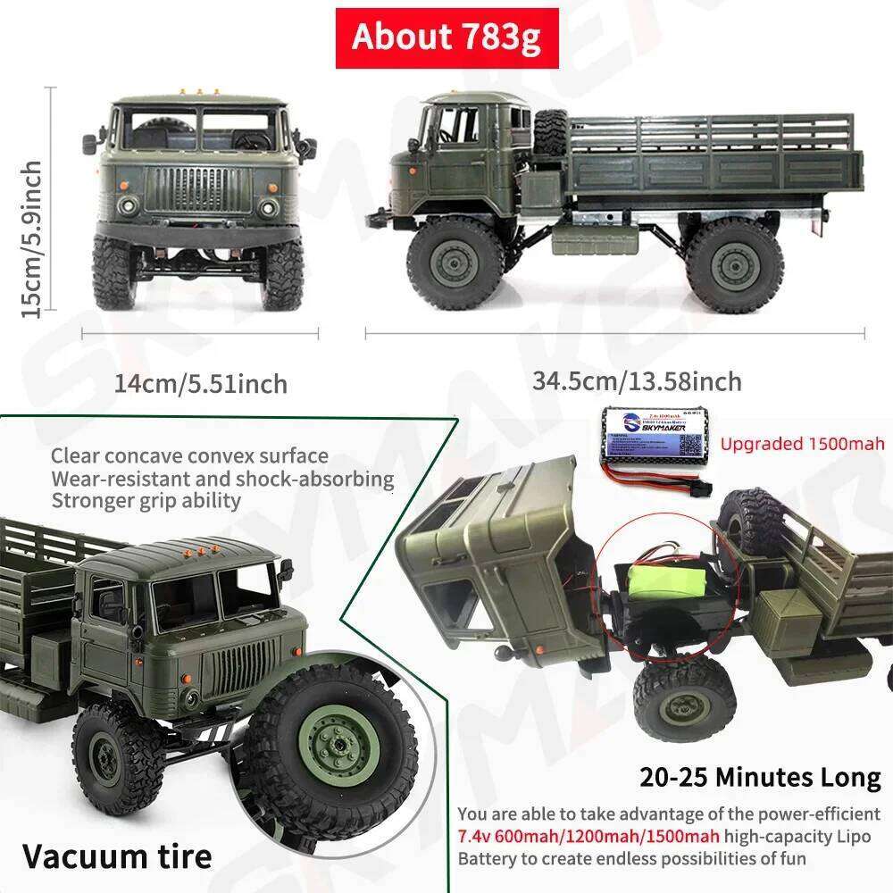 1:16 Wpl B-24 Gaz-66 Remote Control Military Truck Diy 4wd Rc Car 4 Wheel Drive Off-road Climbing Vehicle For Gift Toy Z260303