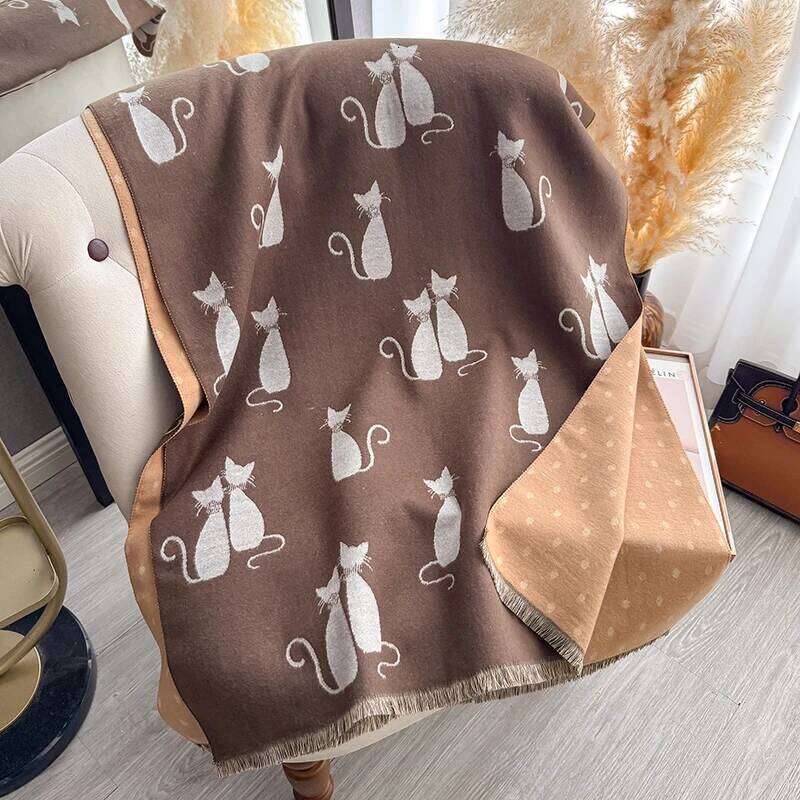 Women's Autumn Winter Warm Cat Pattern Faux Cashmere Scarf Jacquard Shawl Wrap Cozy Blanket Neck Protection XJ260304