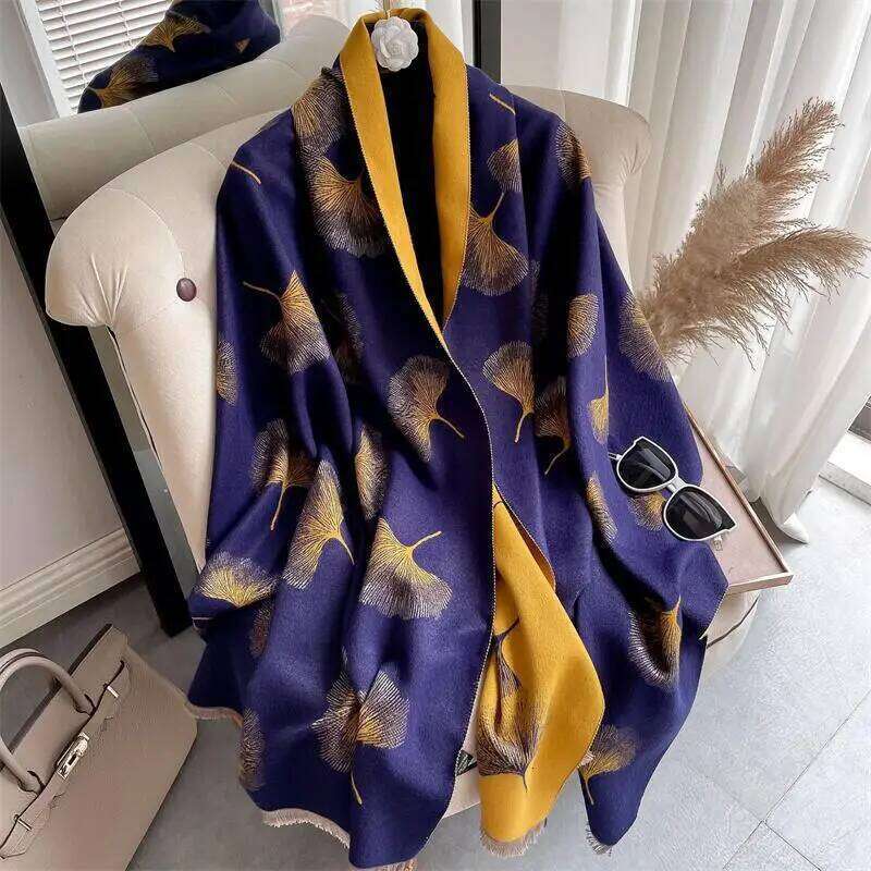 Blue Thick Cashmere Blanket Women Scarf Warm Pashmina Shawl Winter Wraps Bufanda Leaf Print New Design Poncho Echarpe Female XJ260304