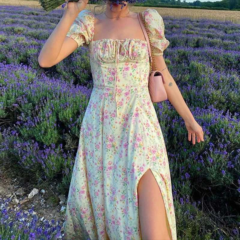 Women Floral Print Split Dress Sweet Puff Short Sleeve Square Collar Slim Fit Maxi Dress Holiday Summer Casual Sexy A-Line Dress M260304