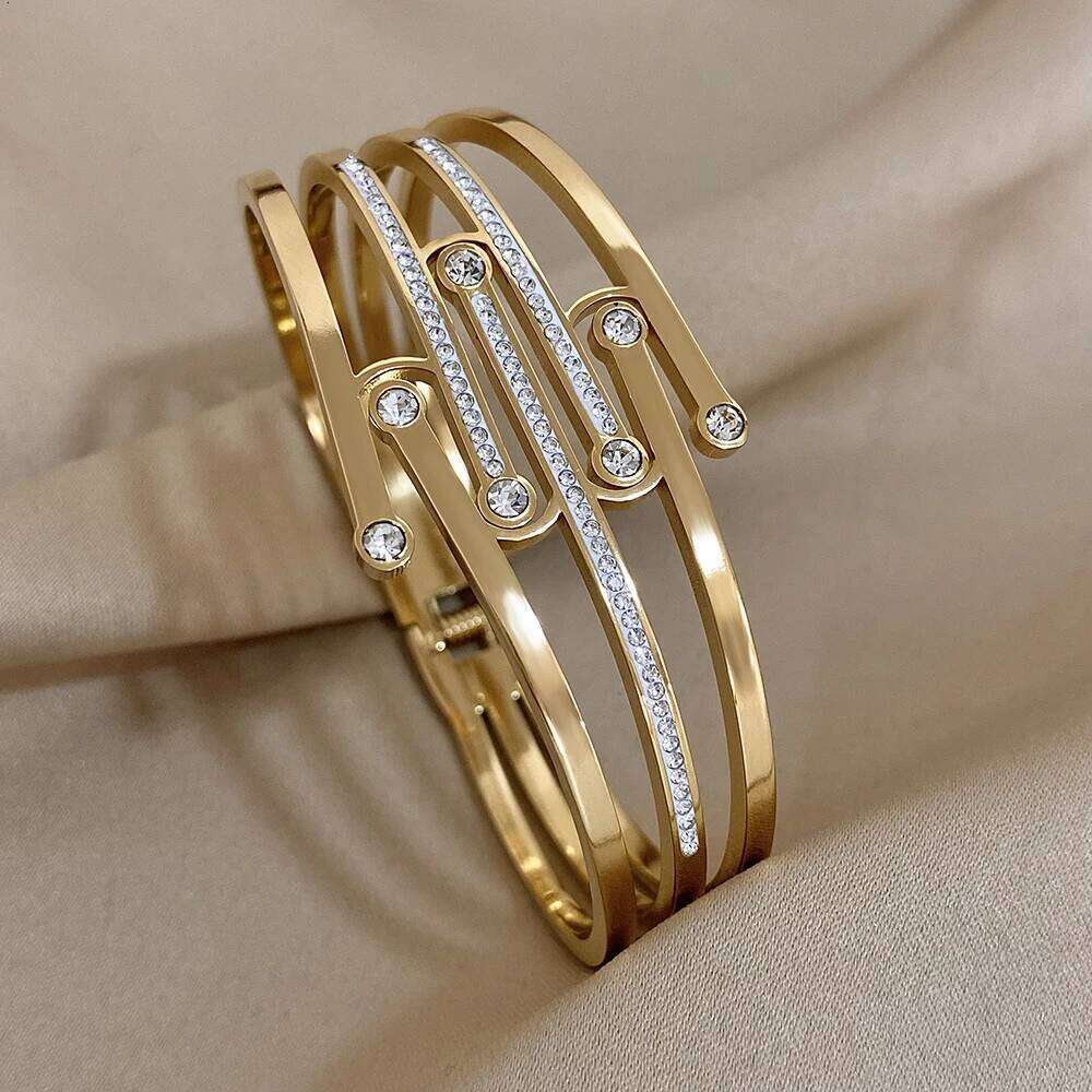 Greatera Inlaid Cubic Zirconia Intersect Stainless Steel Bangles Bracelets for Women Chunky Gold Plated Waterproof Jewelry 2023 XJ260303
