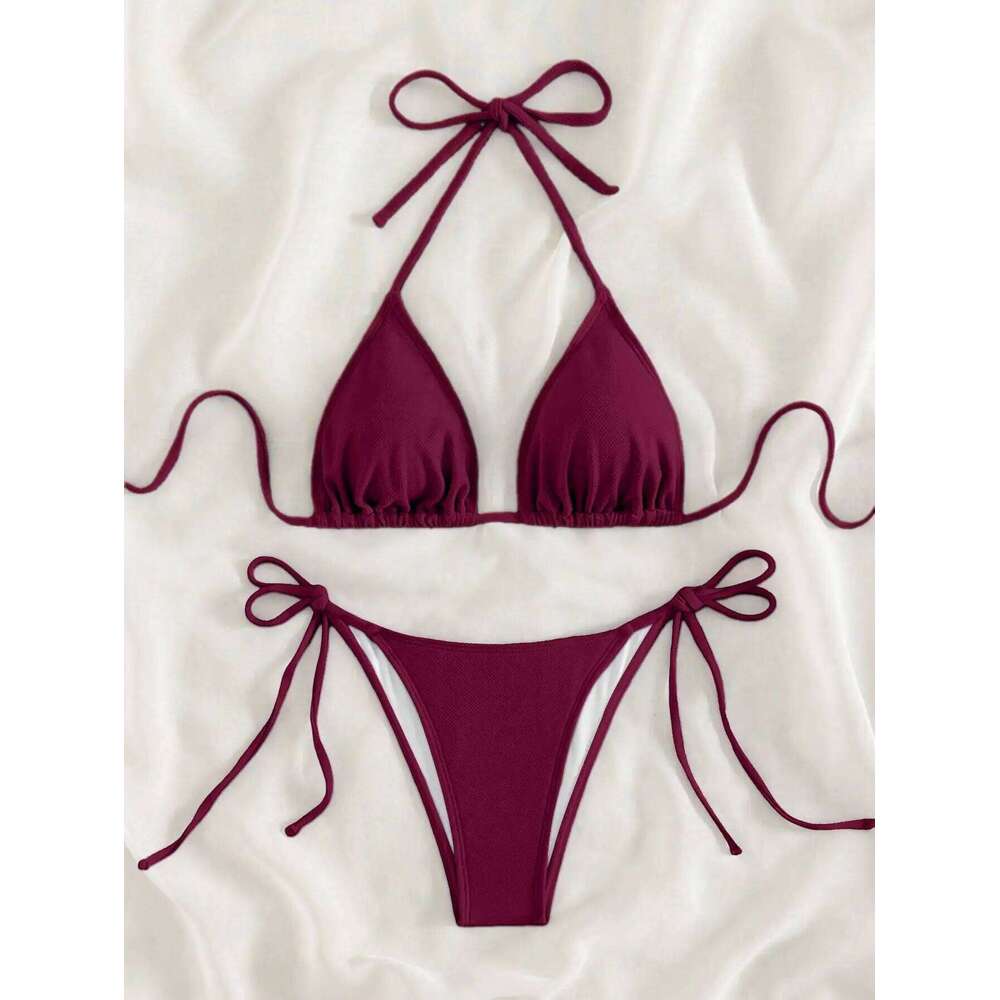 Summer wine red bow front tie bikini swimsuit set Y260303