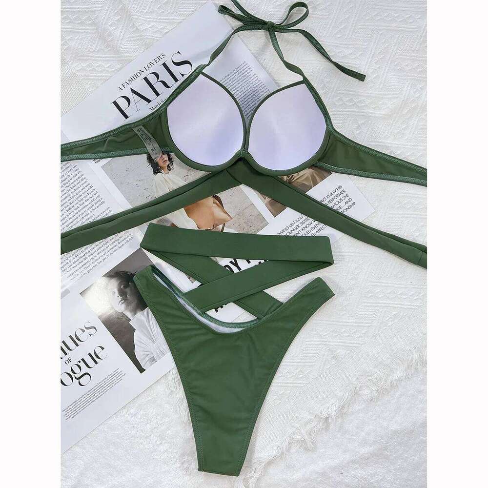 Push Up 2024 Swimsuit Bandage Solid Brazilian Bikini Set High Waist Female Swimwear Women Bathing Suit Beachwear Y260303