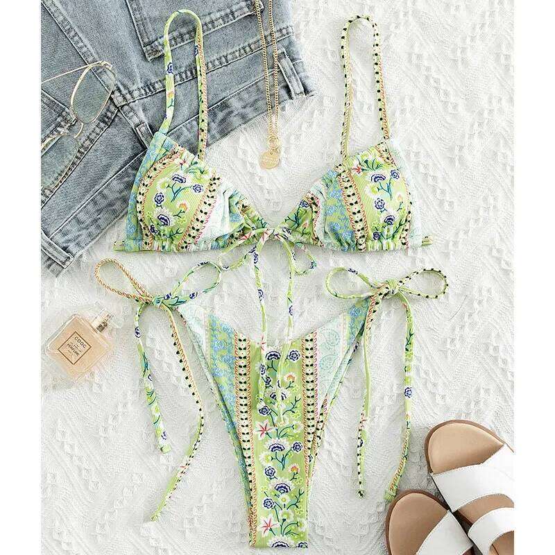 2025 Floral Print String Bandage Bikini Set Swimwear Women Summer Sexy Push Up Bathing Suit Beachwear Halter Biqiuni Swimsuit Y260303