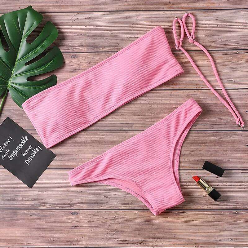 Solid Bikini Swimsuit Beach suit 2019 low waist sexy off shoulder women's padded bra swimsuit Y260303