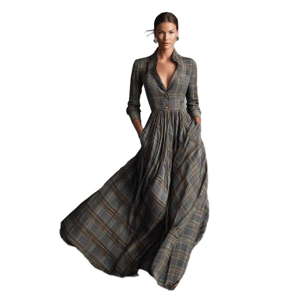Elegant Womens Shirt Dress for Commute Leisure Grid Print Pleated Long Sleeve Dress with Pocket Autumn Office Dress