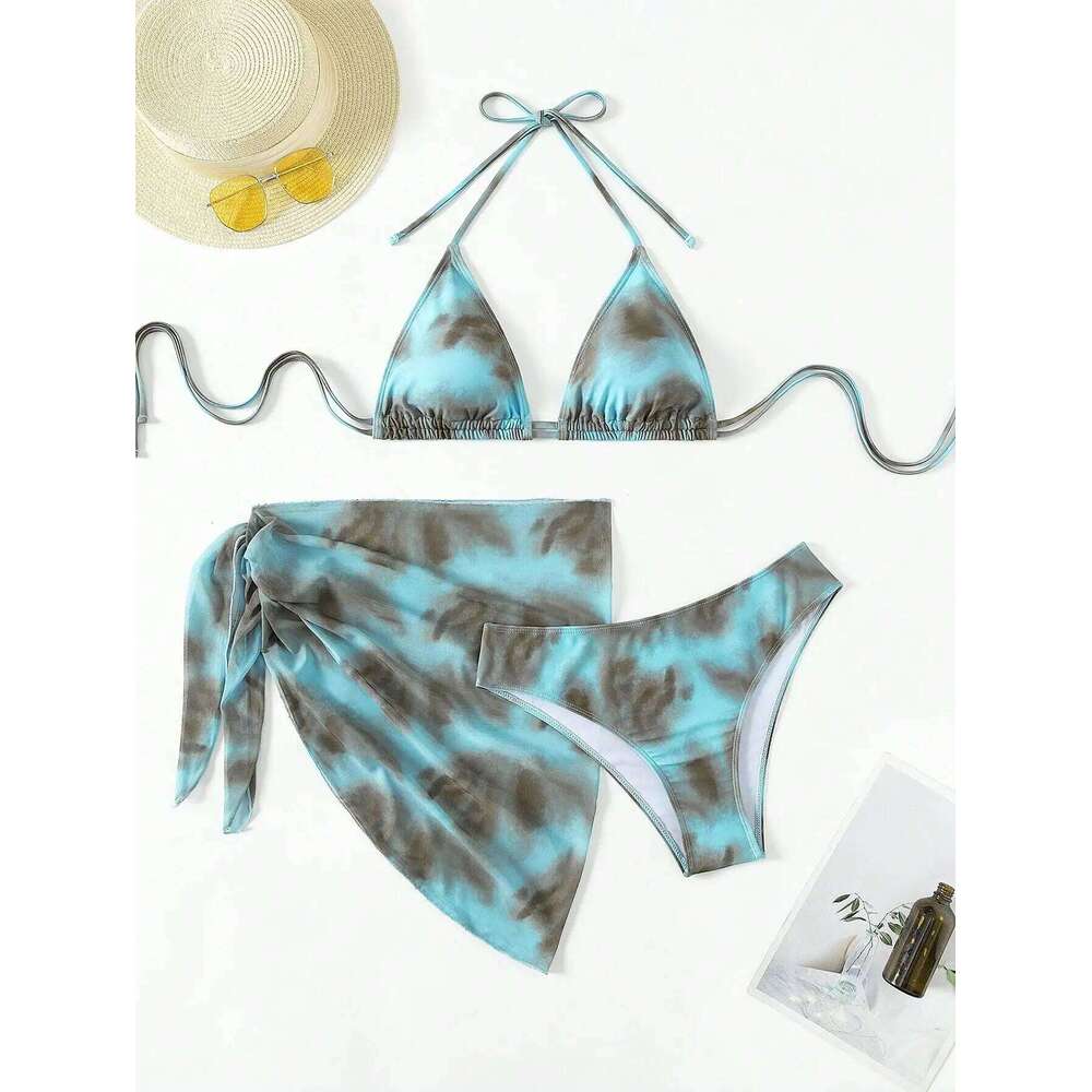 Women's 3 Piece Gradient Tie Dye Bathing Suit Lace Up High Cut Bikini with Beach Skirt Y260303