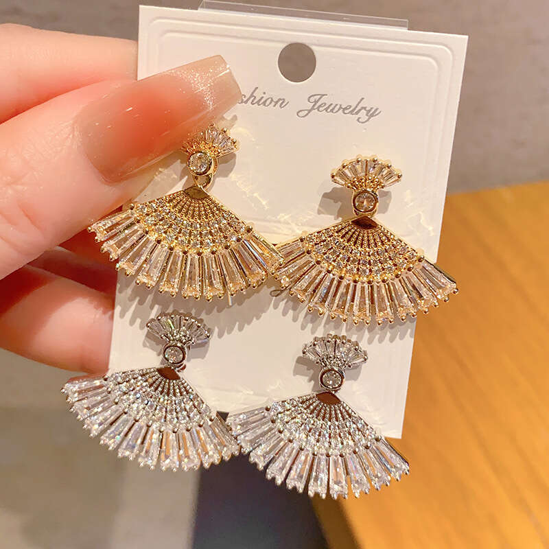 Light Luxury Style Zircon-studded Ballet Girl Skirt-shaped Fan-shaped High-end Earrings