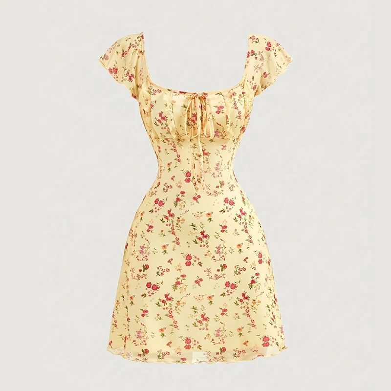 Womens Dresses Sleeveless Ruffled Trim Square Collar Tie-up Cut Out Backless Floral/Dots Summer Party Short Mini A-line Dress M260304