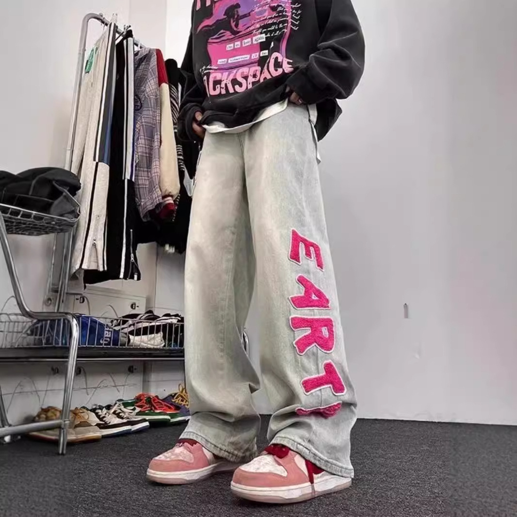 Rose Red Flocked Letter Design Niche Jeans Oldschool American Designer Pants Style Pants Trendy Straight-leg Trousers