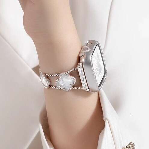 Compatible Apple Watch Four-Leaf Clover Inlaid with Diamonds Mother-of-Pearl Women's Metal iWatch 10 Strap - view 3