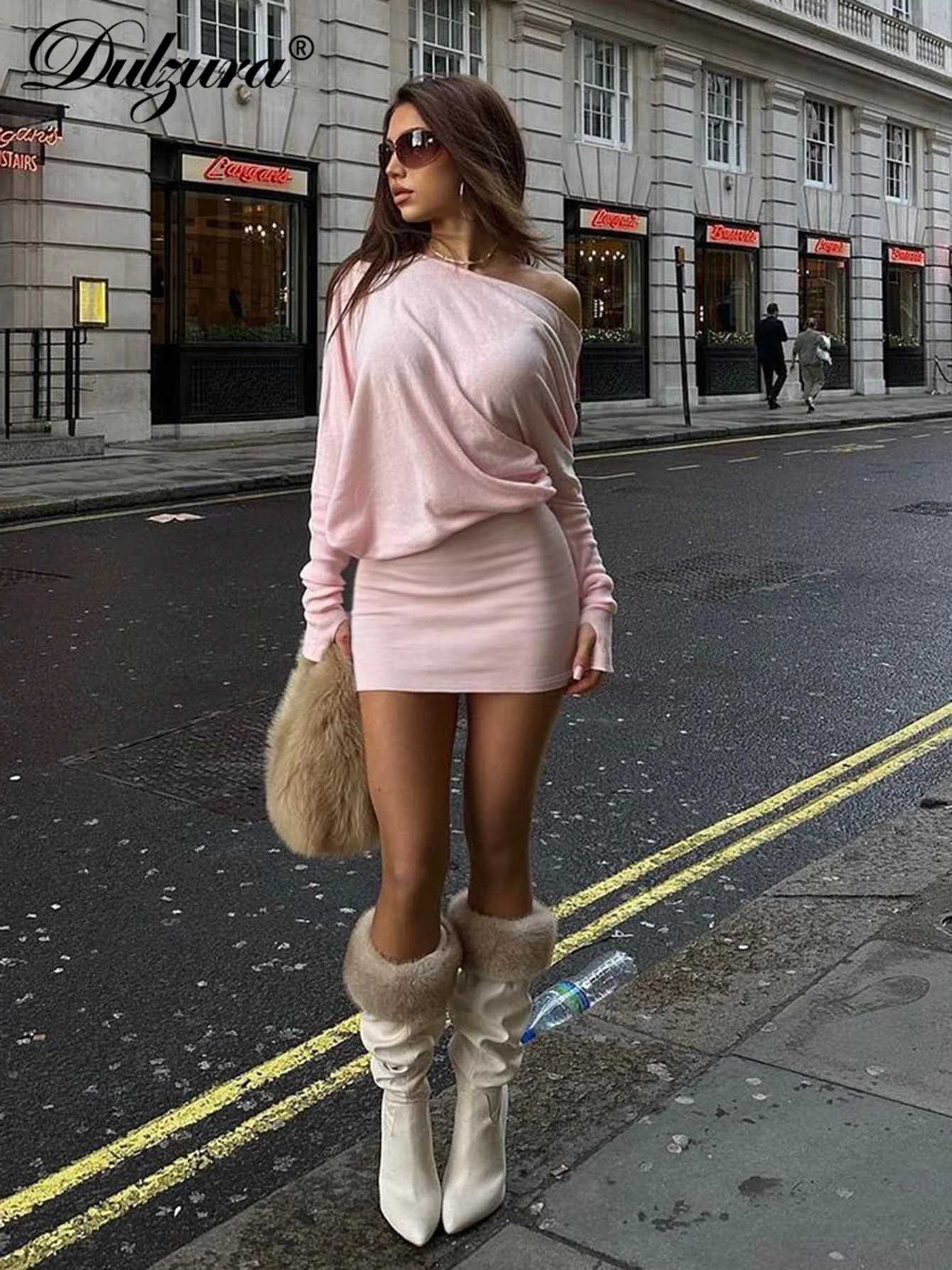 Dulzura Sexy Long Sleeve Mini Dress Oblique Shoulder Solid Simple Dresses Party Club Birthday Vacation Date Y2K Women Clothes M260304