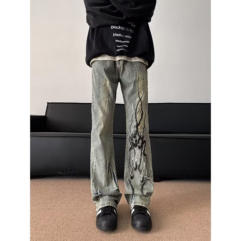 Trendy Fashion Streetwear Pants For Designer Pants Men American High Street Flame Yellow Mud Straight-leg Jeans Summer Thin Flared Pants