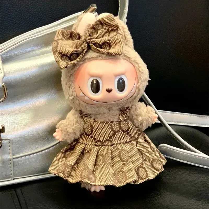 17cm Labubu Brown Monogram Overalls Hat Set, Luxury Retro Doll Outfit for V1 V2 V3 Party Accessories & GiftsT260304