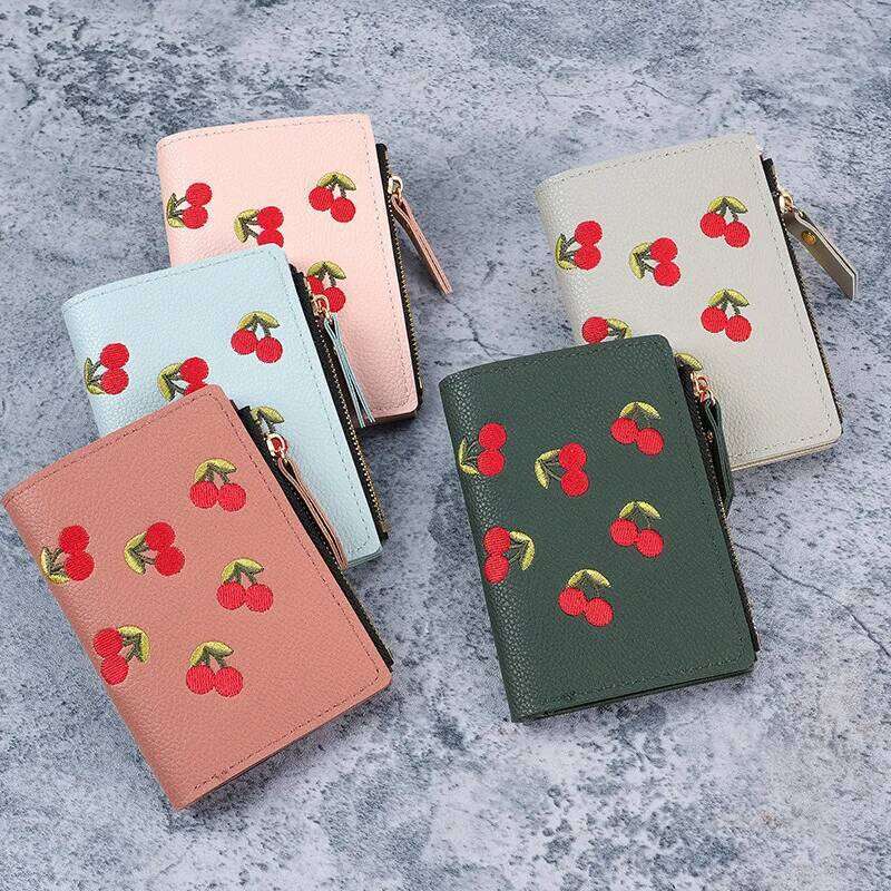 Women Vertical Buckle Cherry Embroidered Small Short Simple Wallet Girls Zipper Purse Women's Bag 2025 Card Bags C260304
