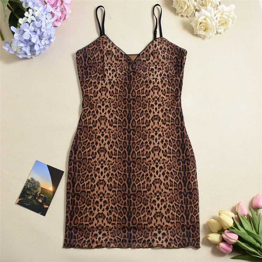 Aliunique Women 2026 Summer Street Fashion Leopard Print Sexy Hot Dress Slim Fit V-neCK Suspender See THrough Mini Skirt M260304